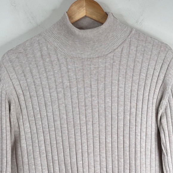 VTG Eddie Bauer Turtleneck Sweater L Beige Oatmeal Ribbed Cotton 3/4 Sleeve Tan - Picture 2 of 9